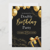 Dubbel Verjaardagsfeest Zwart en Goud Elegant Kaart (Voorkant)