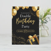 Dubbel Verjaardagsfeest Zwart en Goud Elegant Kaart (Staand voorkant)