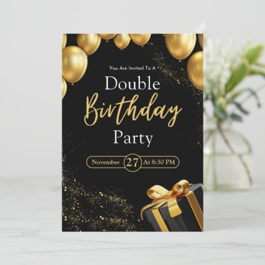 Dubbel Verjaardagsfeest Zwart en Goud Elegant Kaart (Staand voorkant)