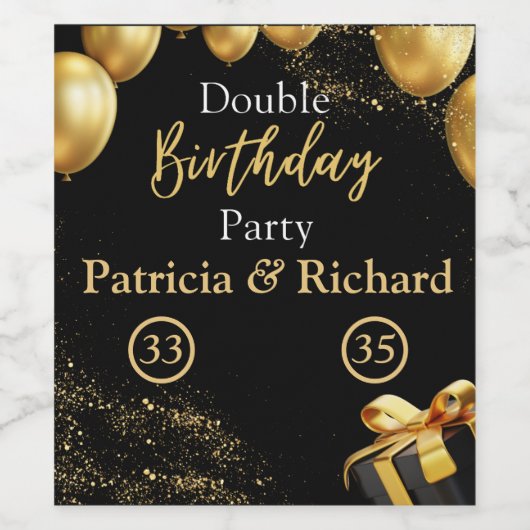 Dubbel Verjaardagsfeest Zwart en Goud Elegant Wijn Etiket (Enkel label)