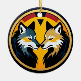 Dubbel Wolf Embleem Logo Met Gouden Cirkel Keramisch Ornament