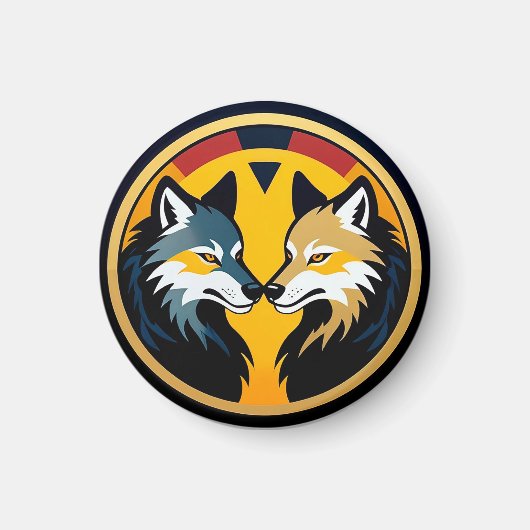Dubbel Wolf Embleem Logo Met Gouden Cirkel Magneet (Voorkant)