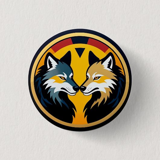Dubbel Wolf Embleem Logo Met Gouden Cirkel Ronde Button 3,2 Cm (Voorkant)