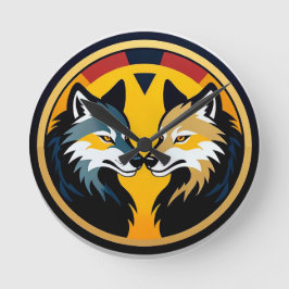 Dubbel Wolf Embleem Logo Met Gouden Cirkel Ronde Klok