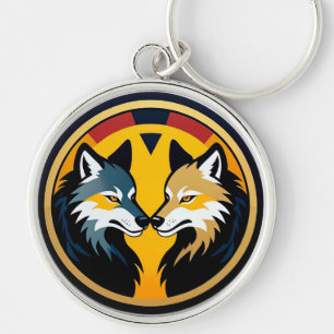 Dubbel Wolf Embleem Logo Met Gouden Cirkel Sleutelhanger