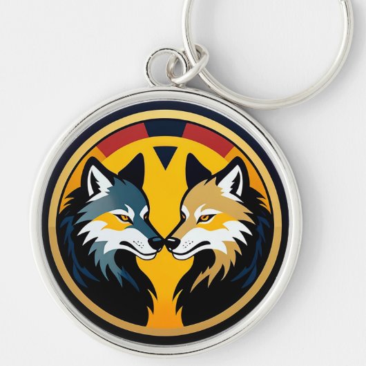 Dubbel Wolf Embleem Logo Met Gouden Cirkel Sleutelhanger (Voorkant)