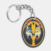 Dubbel Wolf Embleem Logo Met Gouden Cirkel Sleutelhanger (Voorkant Links)