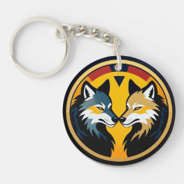 Dubbel Wolf Embleem Logo Met Gouden Cirkel Sleutelhanger