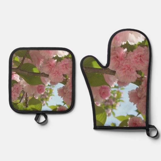 Dubbelbloeiende Cherry Tree III Ovenwant & Pannenlap Set (Voorkant)