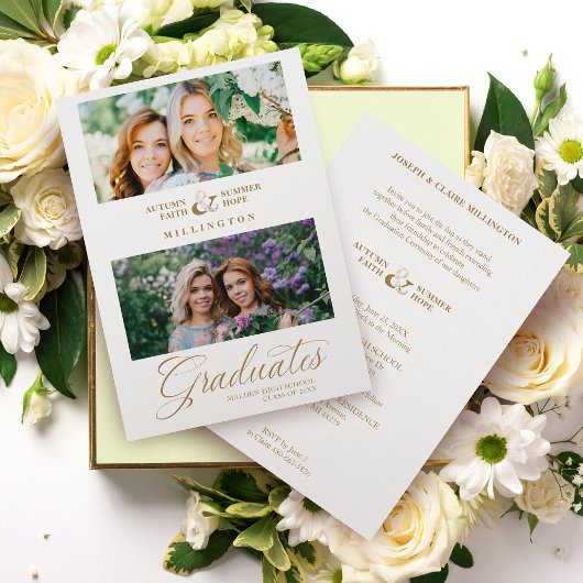 Dubbele Afstudeer Chic Goud 2 Foto's Modern Script Kaart
