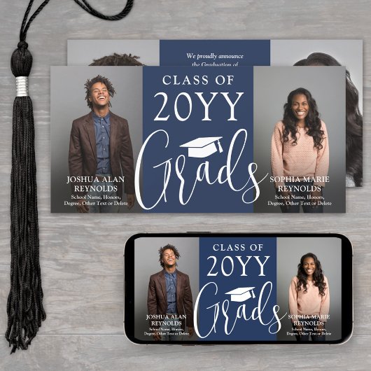 Dubbele Afstuderen 2 Grads Navy & Wit Gezamenlijke Aankondiging