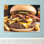 Dubbele bacon cheeseburger canvas afdruk (Insitu (Houten vloer))