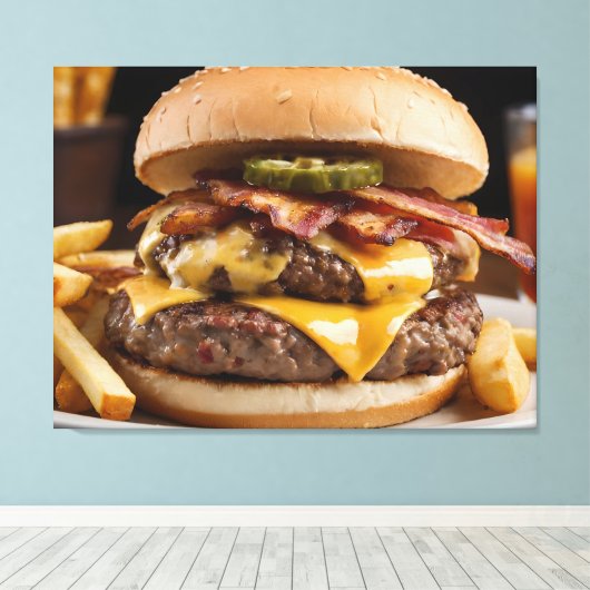 Dubbele bacon cheeseburger canvas afdruk (Insitu (Houten vloer))