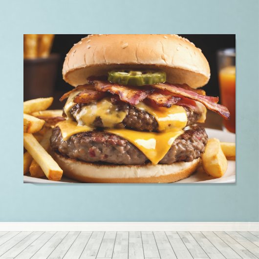 Dubbele Bacon Cheeseburger Canvas Afdruk (Insitu (Houten vloer))