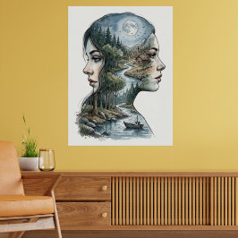 Dubbele Belichting Natuur Silhouet Aquarel Poster