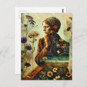 Dubbele Blootstelling Bloemen en Droevige Jonge Vr Briefkaart (Voorkant / Achterkant)