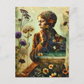 Dubbele Blootstelling Bloemen en Droevige Jonge Vr Briefkaart (Voorkant)