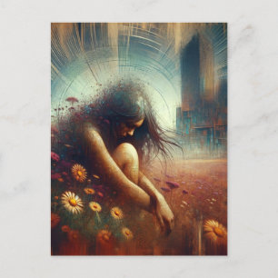 Dubbele Blootstelling Bloemen Verlaten Stad Vrouw Briefkaart