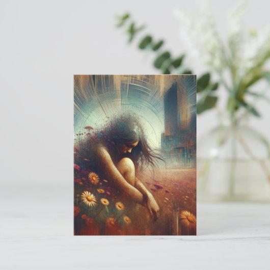 Dubbele Blootstelling Bloemen Verlaten Stad Vrouw Briefkaart (Staand voorkant)