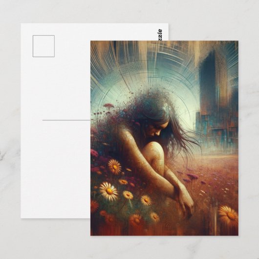 Dubbele Blootstelling Bloemen Verlaten Stad Vrouw Briefkaart (Voorkant / Achterkant)