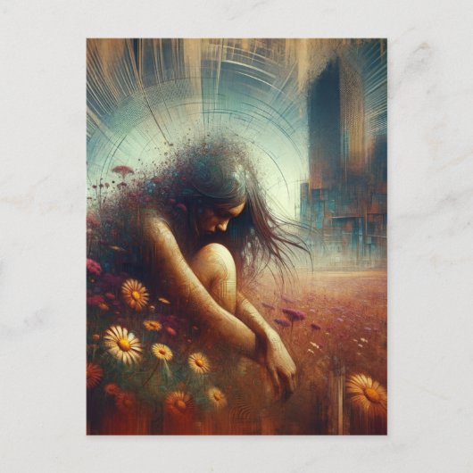 Dubbele Blootstelling Bloemen Verlaten Stad Vrouw Briefkaart (Voorkant)
