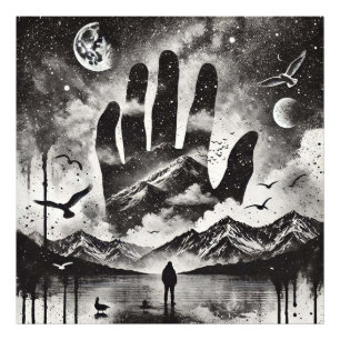 Dubbele blootstelling Hand naar Mountain Landscape Foto Afdruk