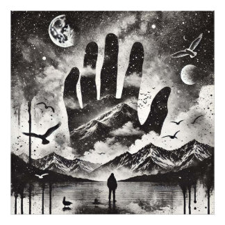 Dubbele blootstelling Hand naar Mountain Landscape Foto Afdruk