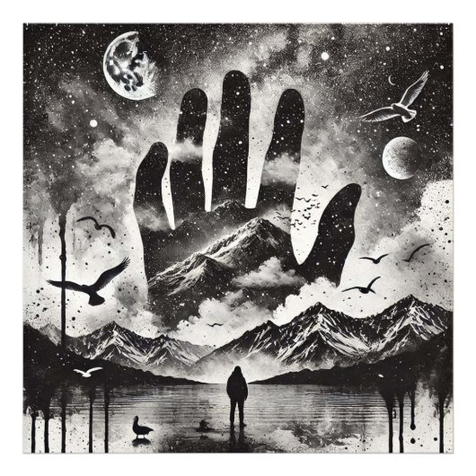 Dubbele blootstelling Hand naar Mountain Landscape Foto Afdruk (Voorkant)