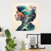 Dubbele blootstelling van vrouwen en landschapskun poster (Thuiskantoor)