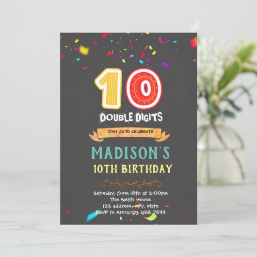 Dubbele cijfers 10e verjaardag uitnodiging (Staand voorkant)