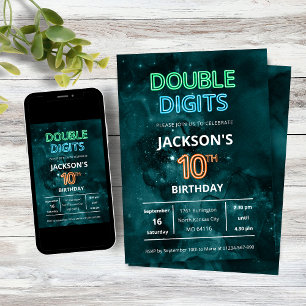 Dubbele Cijfers Jongens Neon Ruimte 10e Verjaardag Kaart