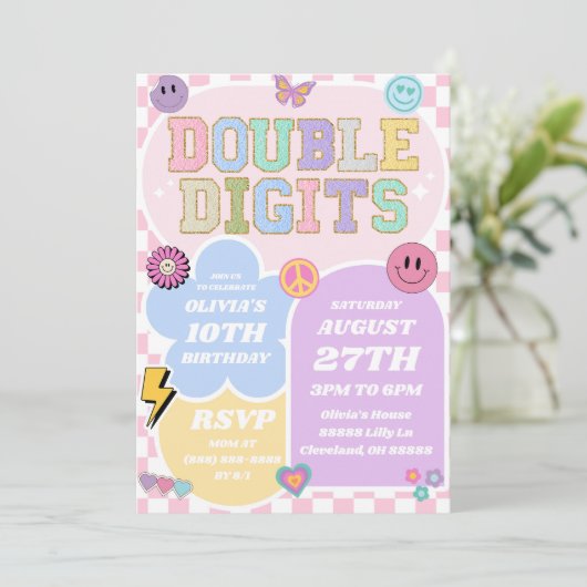 Dubbele cijfers Preppy Patch 10e verjaardagsfeest Kaart (Staand voorkant)