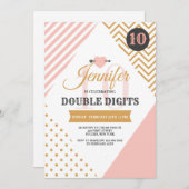 Dubbele cijfers Roze en Goud Uitnodiging (Voorkant / Achterkant)