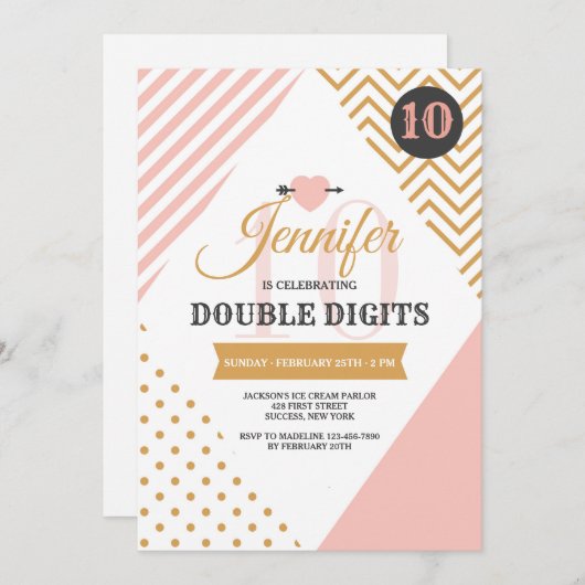 Dubbele cijfers Roze en Goud Uitnodiging (Voorkant / Achterkant)