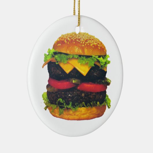 Dubbele Deluxe Hamburger met kaas Keramisch Ornament (Rechts)