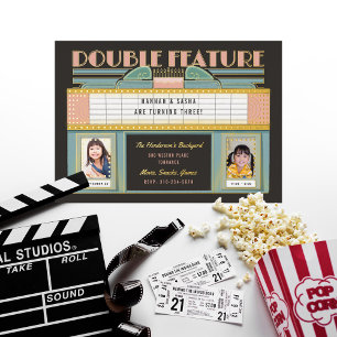 Dubbele Film Tweeling Verjaardagsfeestje Folie Uitnodiging