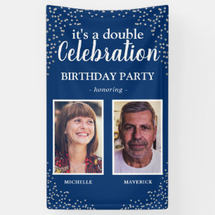 Dubbele foto blauw zilver verjaardagsfeest banner