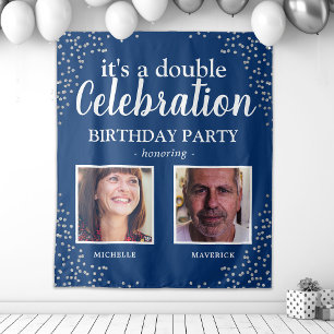 Dubbele foto blauwe zilveren verjaardagsbanner wan wandkleed