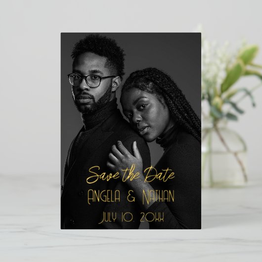 Dubbele foto Sla de datums op met Folie Uitnodiging (Staand Voorkant)