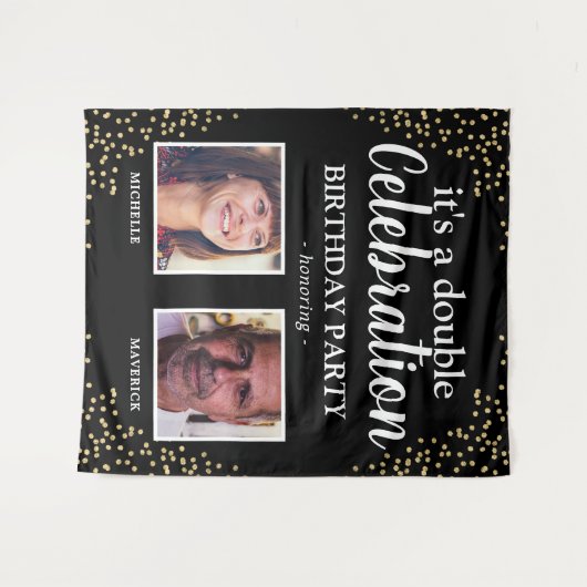 Dubbele foto Zwart Goud Verjaardagsbanner Wandkleed (Voorkant (horizontaal))