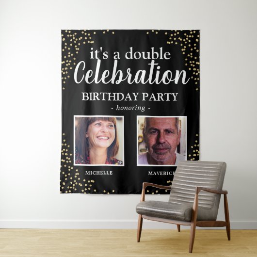 Dubbele foto Zwart Goud Verjaardagsbanner Wandkleed (In situ)