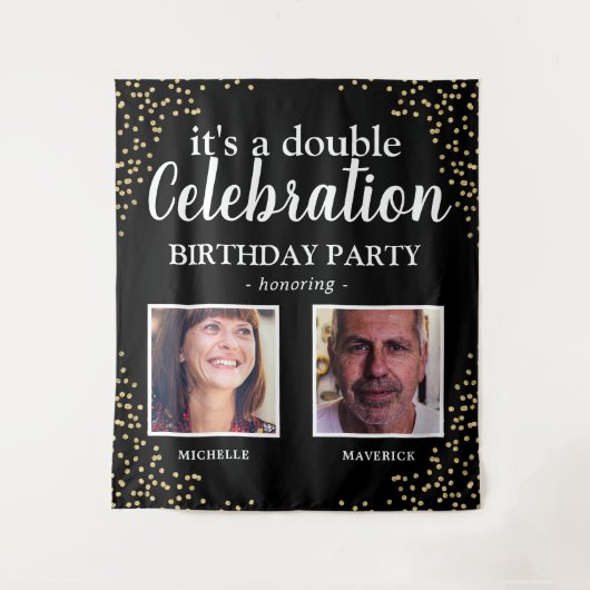 Dubbele foto Zwart Goud Verjaardagsbanner Wandkleed (Voorkant)