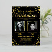 Dubbele foto zwarte gouddag folie uitnodiging (Staand Voorkant)