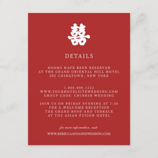 Dubbele geluk | Chinese WEDDING Guest Details Informatiekaartje (Voorkant)