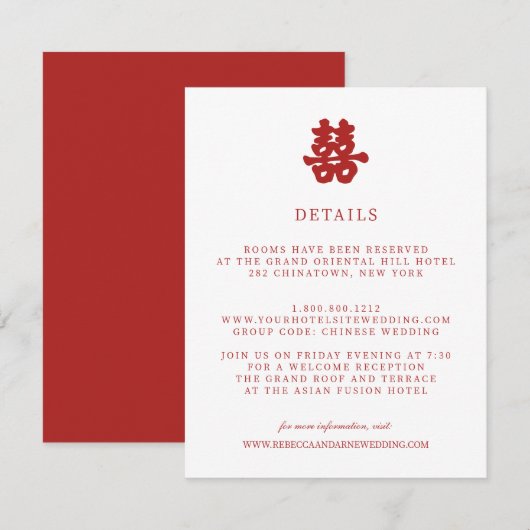 Dubbele geluk | Chinese WEDDING Guest Details Informatiekaartje (Voorkant / Achterkant)