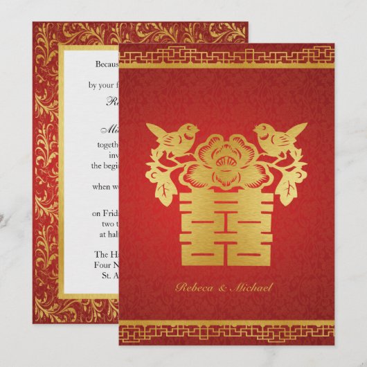 Dubbele gelukkigheid Chinese Gedekte Wedding nodig Kaart (Voorkant / Achterkant)