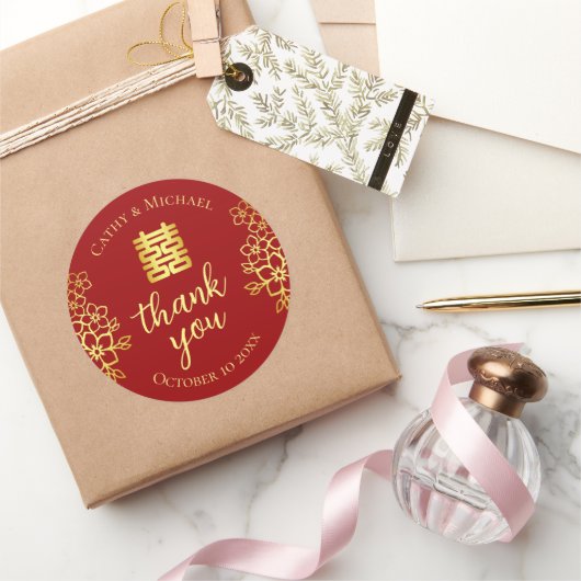 Dubbele geluksbloemen dank je chinese bruiloft ronde sticker (Geschenken)