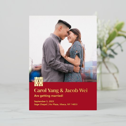 Dubbele geluksbruiloft folie opslaan van de datum folie feestdagenkaart (Staand Voorkant)