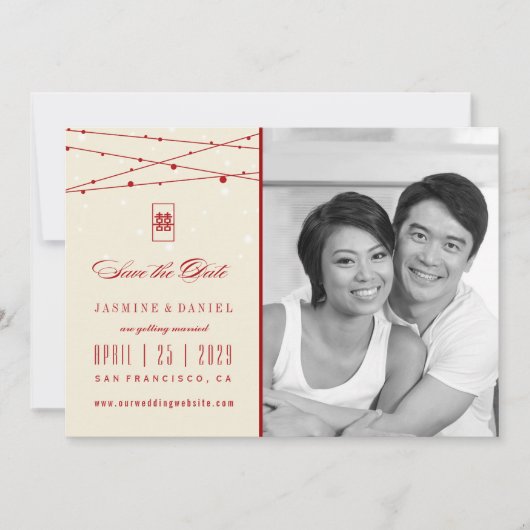 Dubbele geluksgevierde lampjes Foto opslaan Datum Kaart (Voorkant)