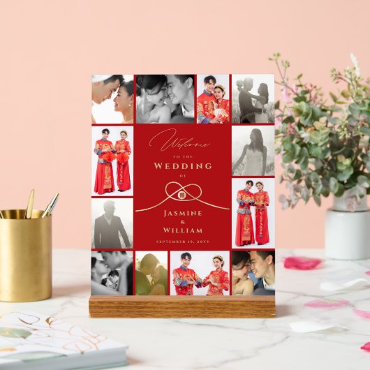 Dubbele geluksknoop Chinese bruiloft 12 Foto Acryl Bord (Huwelijk)